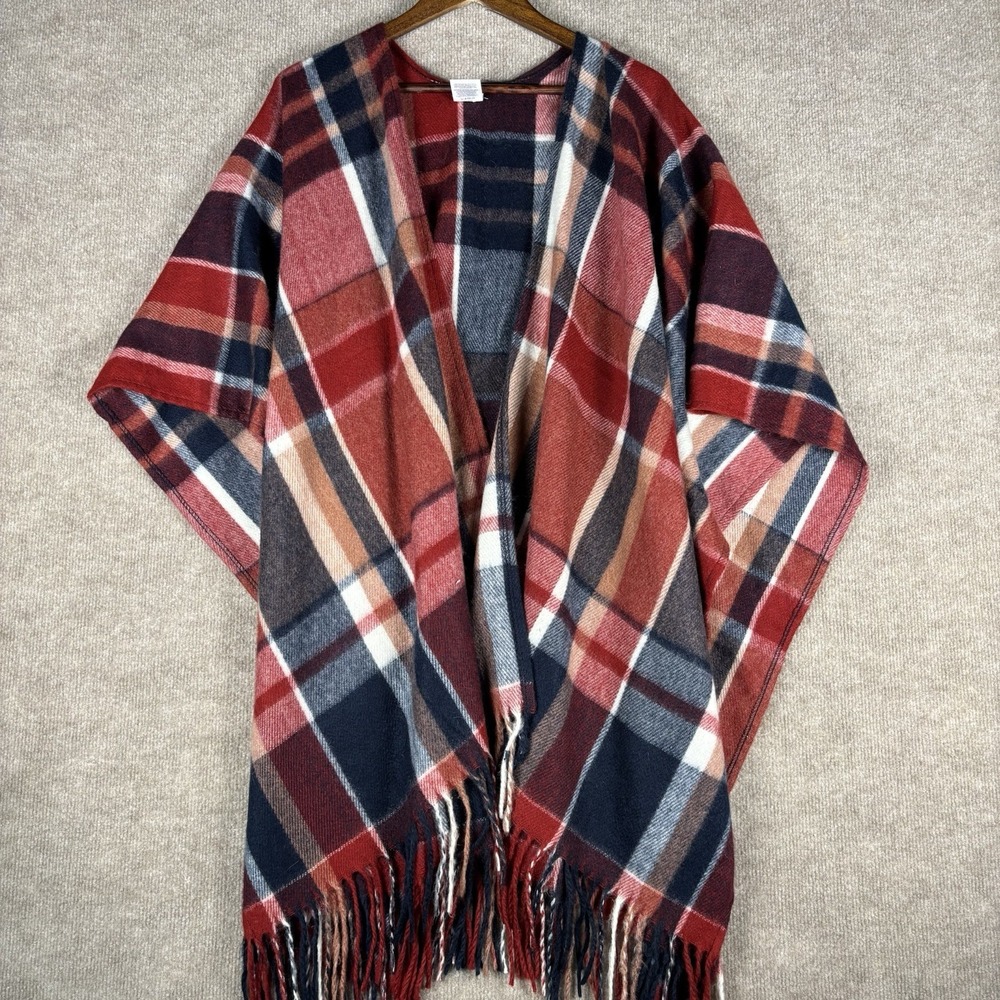 Woolrich Plaid Ruana Poncho Wrap Fringe One Size Red Blue Open Front Shawl